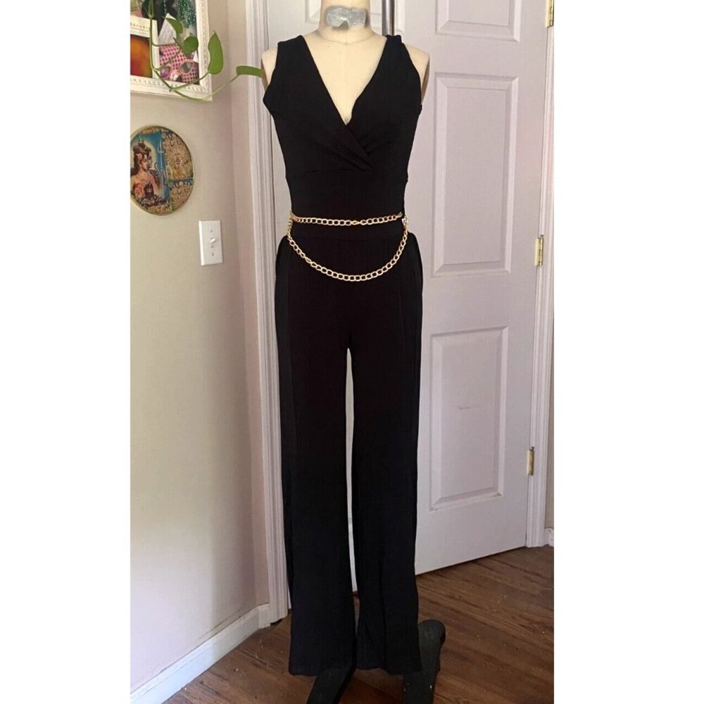 Touch Me BLACK Stretch Gold Chain Belted Cocktail JUMPSUIT Romper *SMALL*